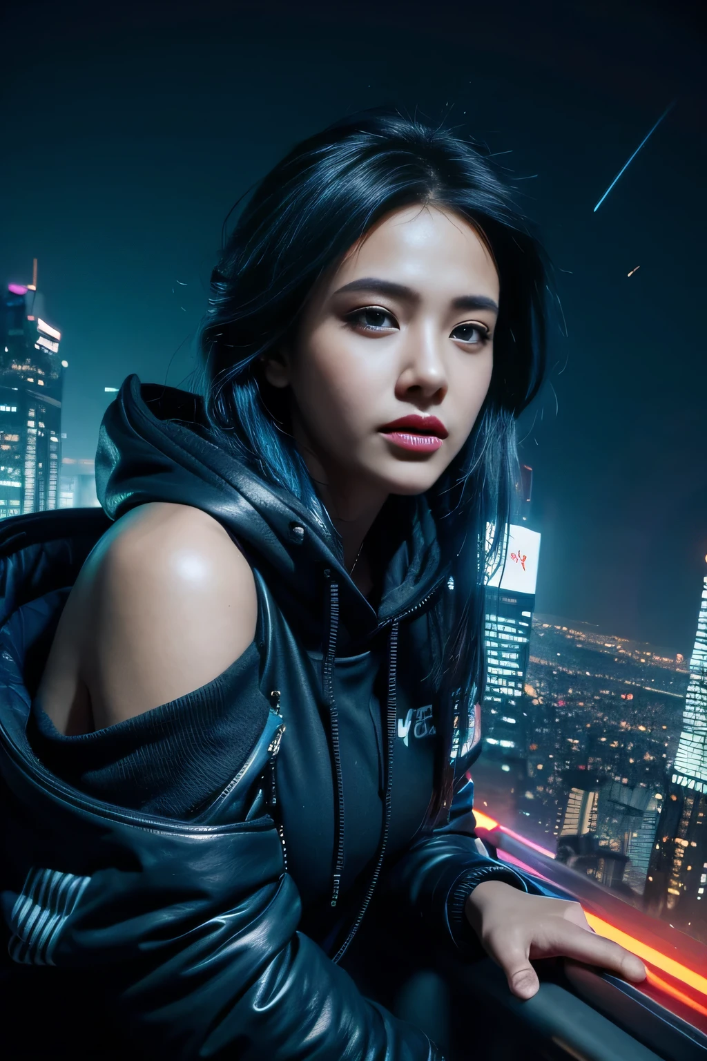 (masterpiece), best quality, ultra high res,, cyberpunk 1girl flying above stunning cityscape ,hoodie,blue hair,  neon color shooting stars, very long hair, off shoulder, feather hair ornament, neon colors, flashes, stunning night sky, cinematic lighting, photorealistic, realistic skin, HDR,fisheye