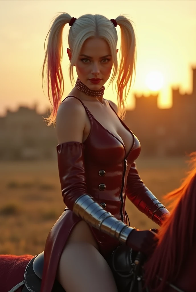 A detailed realistic L-SHOT of masterpiece), (extremely intricate), {perfect face} (realistic), portrait of Harley Quinn, the most beautiful in the world, (medieval armor), metal reflections, upper body, outdoors, intense sunlight, far away castle, professional photograph of a stunning woman detailed, sharp focus, dramatic, award winning, cinematic lighting, , volumetrics dtx, (film grain, blurry background, blurry foreground, bokeh, depth of field, sunrise, interaction, Perfect chainmail)