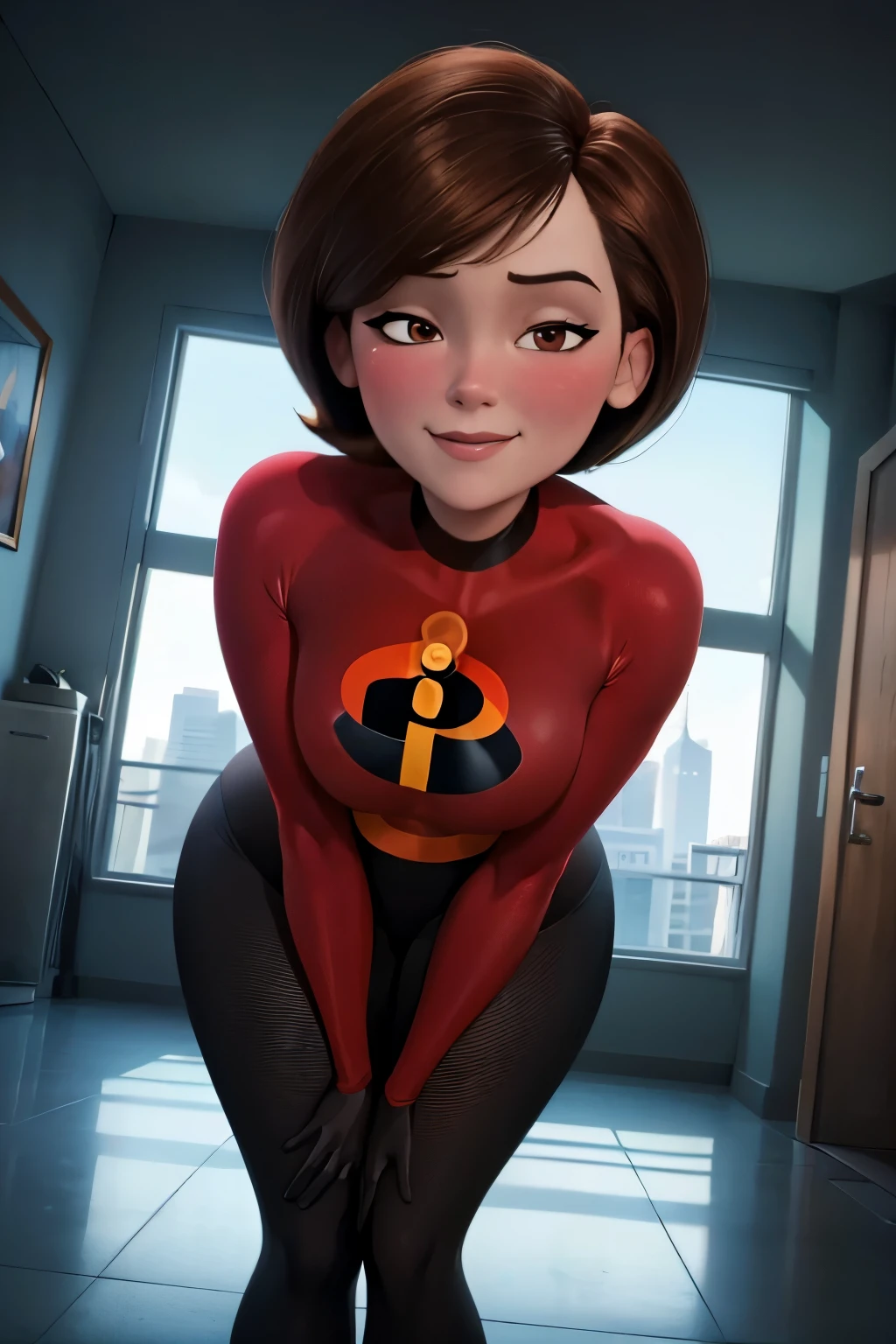 high quality, masterpiece, best quality, helenparr, 3d, 3d character, disney character, the incredibles, helen parr, looking at viewer, closed smile, brown hair, brown eyes, mature female, revealing clothes, forced smile, standing, blush, half-closed eyes, smile, empty eyes/no highlights (Leaning forward:1.5), Arms Down, ((Perfect Anatomy, beautifull detailed face, Beautiful detailed eyes, beautiful detailed hair, Beautiful detailed body)), thick outline, Beautiful outlines, black outlines, short hair, closed mouth, night, warm lighting, indoors