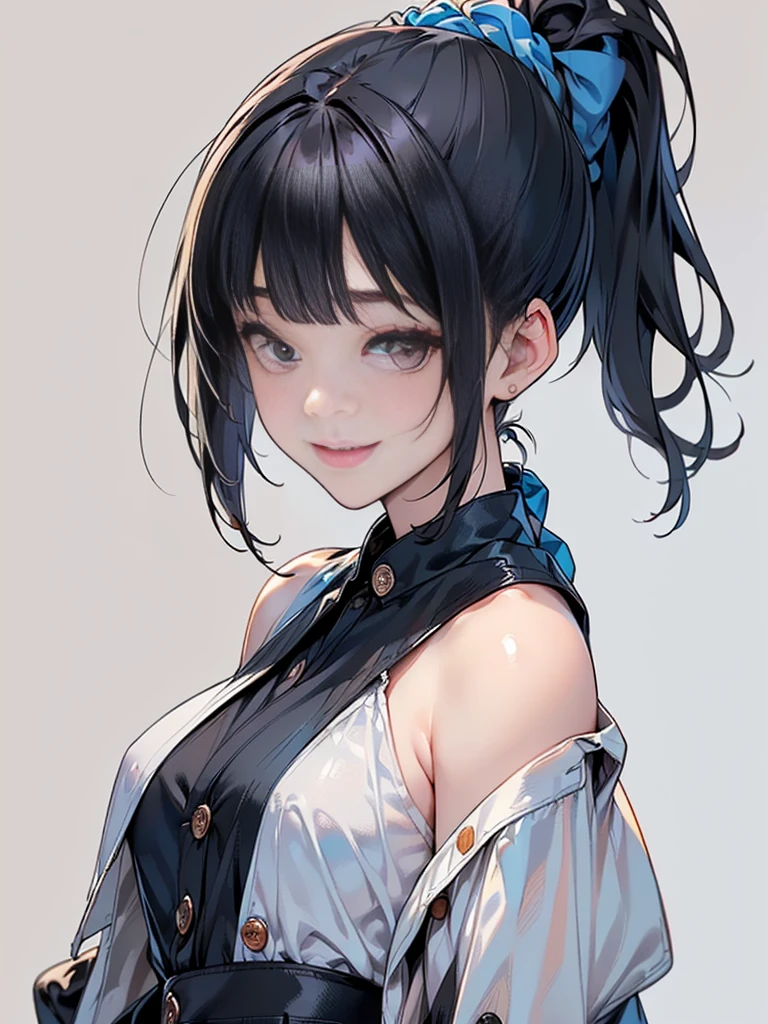 Masterpiece,best quality,独奏,1 beautiful Japanese girl,1,(sparkling black eyes,big eye),(pale skin),(black hair,blunt bangs,(short ponytail:1.2),(high ponytail:1.2),hair length to shoulder,voluminous hair,hair held up with a blue scrunchie:1.5),(big breasts:1.2),(smile:1.2),(In woolen suit, formal suit, black tailored jacket,(Tailored jacket, first button closed:1.2),white blouse,semi-long black tight skirt:1.5),standing,(Plain background:1.3),(Close-up of a smiling face,face focus:1.6)