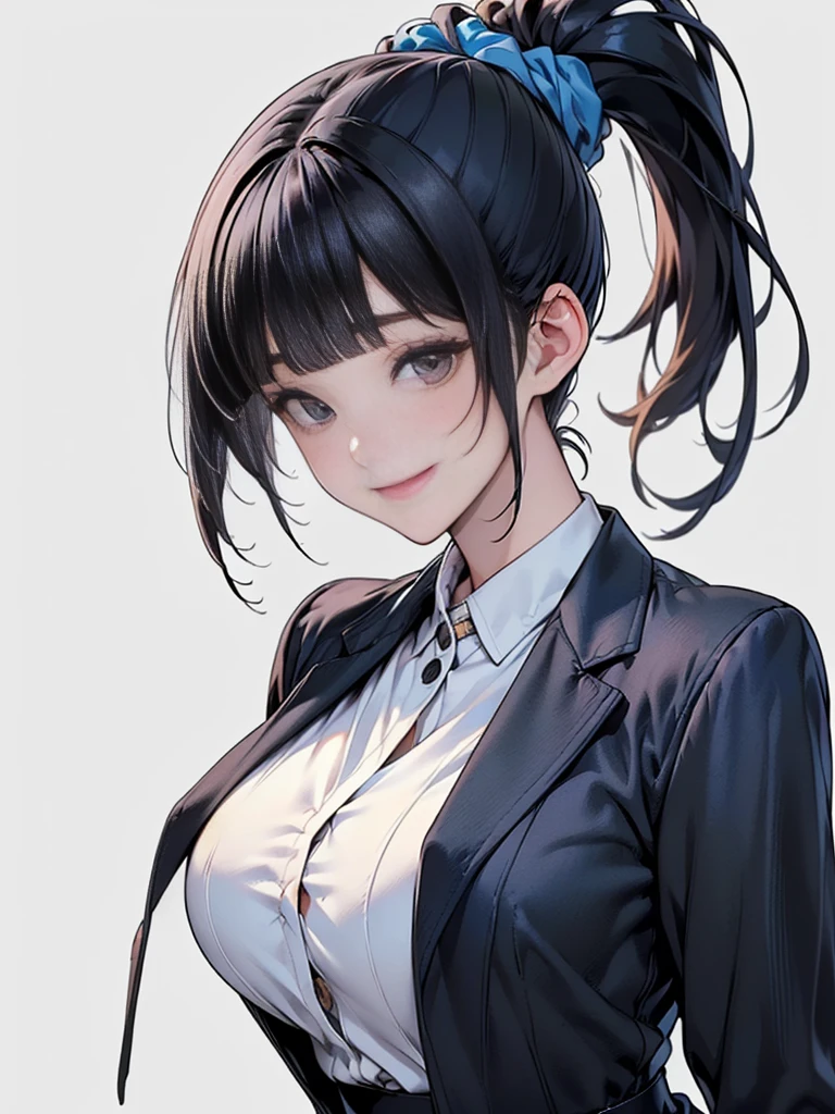 Masterpiece,best quality,独奏,1 beautiful Japanese girl,1,(sparkling black eyes,big eye),(pale skin),(black hair,blunt bangs,(short ponytail:1.2),(high ponytail:1.2),hair length to shoulder,voluminous hair,hair held up with a blue scrunchie:1.5),(big breasts:1.2),(smile:1.2),(In woolen suit, formal suit, black tailored jacket,(Tailored jacket, first button closed:1.2),white blouse,semi-long black tight skirt:1.5),standing,(Plain background:1.3),(Close-up of a smiling face,face focus:1.6)