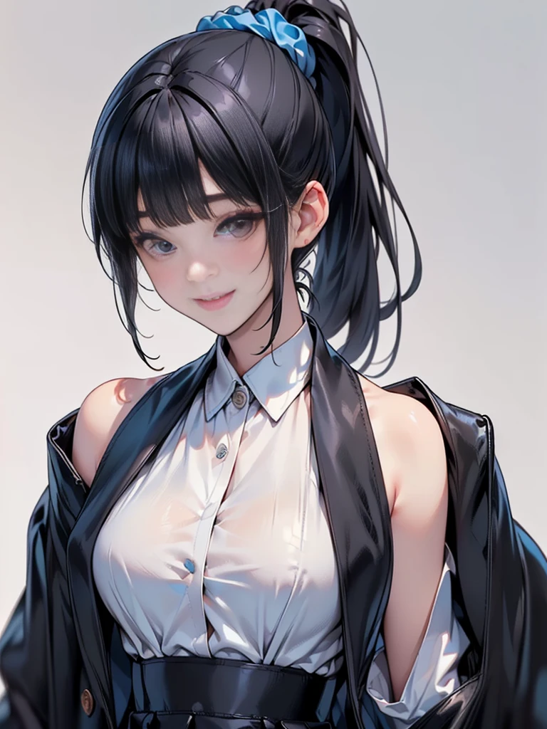 Masterpiece,best quality,独奏,1 beautiful Japanese girl,1,(sparkling black eyes,big eye),(pale skin),(black hair,blunt bangs,(short ponytail:1.2),(high ponytail:1.2),hair length to shoulder,voluminous hair,hair held up with a blue scrunchie:1.5),(big breasts:1.2),(smile:1.2),(In woolen suit, formal suit, black tailored jacket,(Tailored jacket, first button closed:1.2),white blouse,semi-long black tight skirt:1.5),standing,(Plain background:1.3),(Close-up of a smiling face,face focus:1.6)