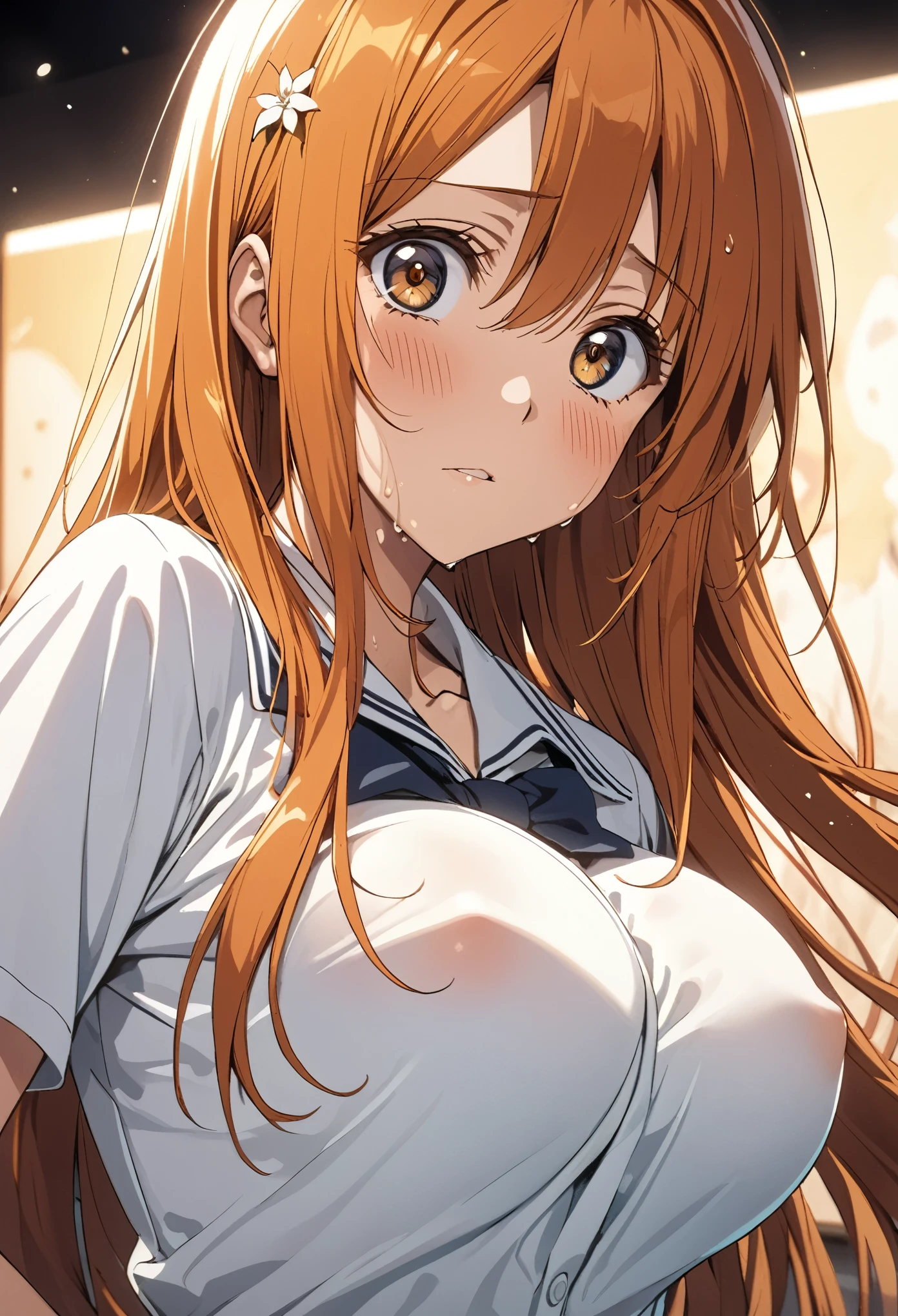 masterpiece, Highest quality, High resolution, (Orihime Inoue),(bleach),1990s \(style\),F cup breasts、height: 160cm,Sweating all over the body,独奏,Anime-style painting style, Orange Hair,Long Hair,Small white flower-shaped hair clip,drooping corners of the eyes、Big eyes、school uniform,Composition focusing on the upper body,blush,Cinema Lighting