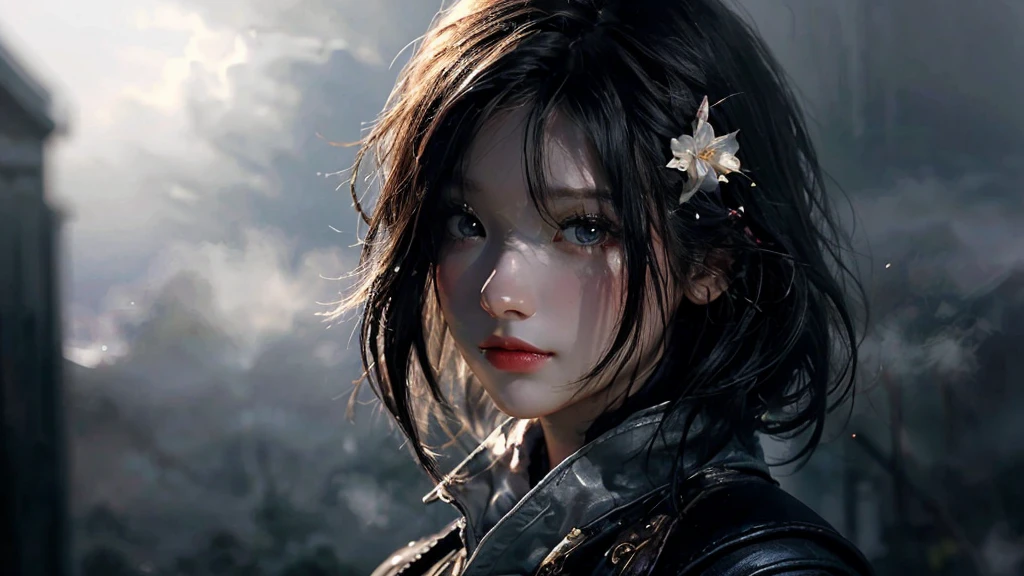 best quality, masterpiece, sunlight passing through hair, 1girl, fantasy, EGirlMakeup, short dark black hair, (fog:1.3)