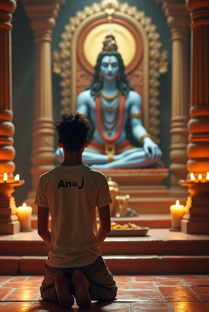 create a realistic image that that a 18 years old boy named"JIEVAN" on his t-shirt sitting Infront of Lord Shiva in the forest surrounded by animals.