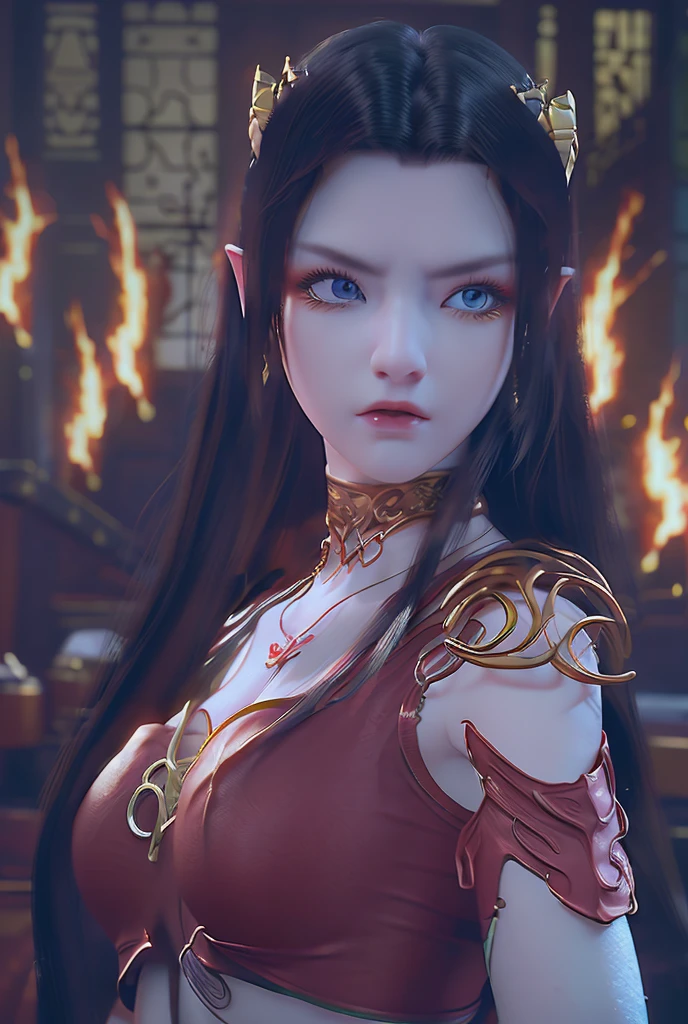 super realistic.super graphics.super detailed.1 super beautiful girl.cute.loose hair.long hair.flaming blue eyes.armed.elf(medusa))snake queen.china.demon.angel.wallpaper hd.3d