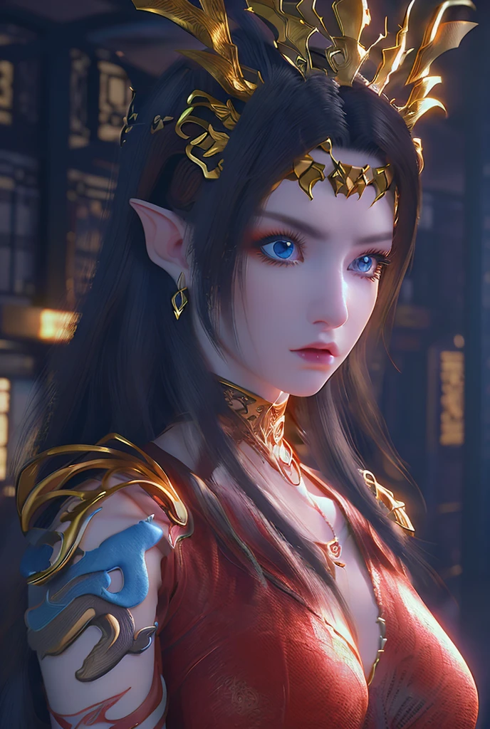 super realistic.super graphics.super detailed.1 super beautiful girl.cute.loose hair.long hair.flaming blue eyes.armed.elf(medusa))snake queen.china.demon.angel.wallpaper hd.3d