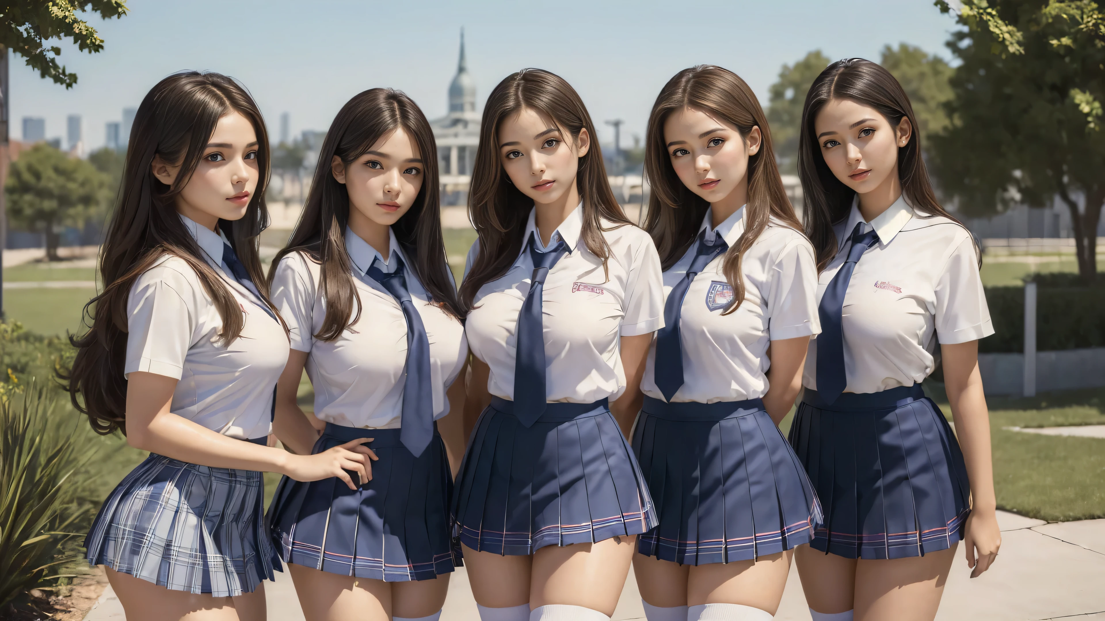 (best quality, masterpiece:1.5), (ultra-detailed, realistic:1.37),4K,4girls,cute,beautiful,(school uniform:1.2),(skirt),(high socks),(big breast),from above,standing,group photo,