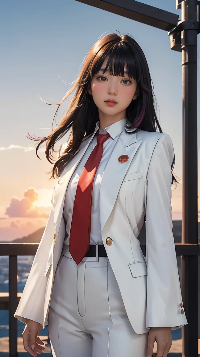 ((Masterpiece, best quality, very detailed), Volumetric light, surrounding occlusion, Rich and colorful, glow), 1 woman, lonely, young girl, (Black bangs), long hair, radius, wind energy, sacred, goddess, CEO vibe, (White suit with :Red necktie1.3), armor, outdoor, sunset, sky, cloud, space, (Fantasy Theme:1.2),