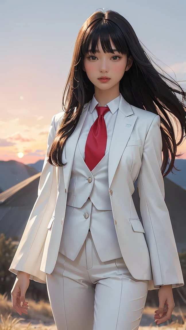 ((Masterpiece, best quality, very detailed), Volumetric light, surrounding occlusion, Rich and colorful, glow), 1 woman, lonely, young girl, (Black bangs), long hair, radius, wind energy, sacred, goddess, CEO vibe, (White suit with :Red necktie1.3), armor, outdoor, sunset, sky, cloud, space, (Fantasy Theme:1.2),