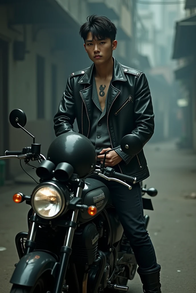 Jeon Jungkook BTS sitting on his motorbike, with helmet in one hand and a cigarette in the other hand, at night on the street