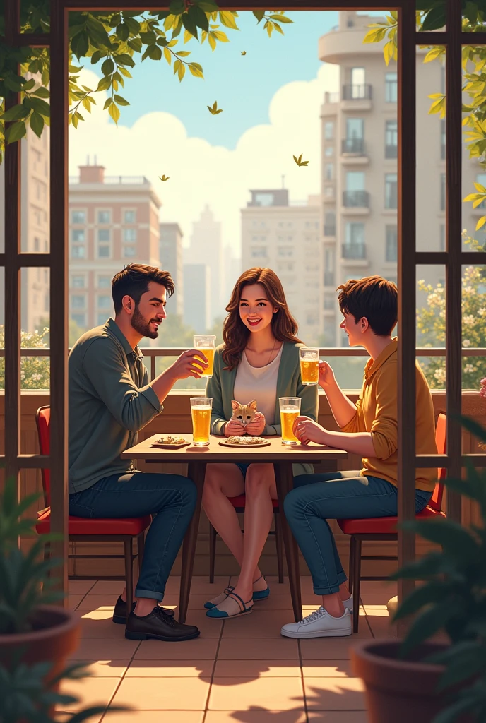 drawn in drawing form, two men and a woman are alone in a small bar, at night and outdoors, sitting at a small circular table and each of them has a cocktail for themselves. Inside the glasses, besides the drink, there are ice rocks too