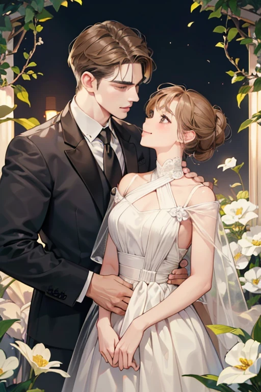 (table top, digital illustration, 4k, 8k, Super detailed, beautiful images, clear image,  perfect face, perfect lines, perfect eyes, soft lighting) 1 female, (light brown hair,chignon hair,innocent look,droopy eyebrows,droopy eyes、With a round face,round chin、innocence,cute,Big eyes,natural makeup,smile gently,E cup,23 years old:1.3),Two handsome men in suits, (human,man in suit,muscular,solid shoulder width,  boyish hairstyle,A man in his 30s with a cool expression,28 year old man with a bright smile:1.2),garden full of light、lots of flowers、Squirting、colorful flower light,(embarrassing,shy smile:1.2),resort sofa,kiss、Couple kiss、romance porn、couple of man and woman hugging each other、