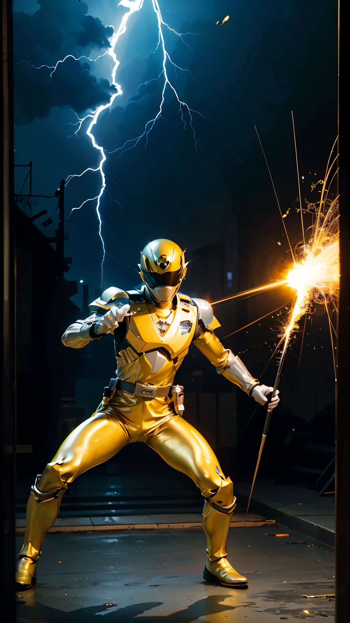 1boy, full body, Illustration, cinematic light, high resolution, best quality, ultra-detailed, masterpiece, power suit, powerranger, suit, spd, gold detail, ((silver suit)), thunder particle, lightning,  ((ninja inspired pose))