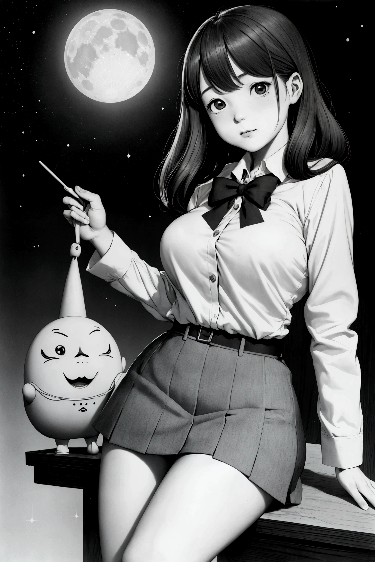 Mabel Atwell, Yuu Watase, Maurice Sendak, Yuji Kamozawa, Chica Umino, Surrealism, Mysterious, Weird, Quirky, Fantasy, Sci-Fi, Japanese Anime, Beautiful high school girl in a miniskirt who collects pieces of moonlight and fries them in a frying pan to turn them into star confetti, perfect voluminous body, detailed masterpiece