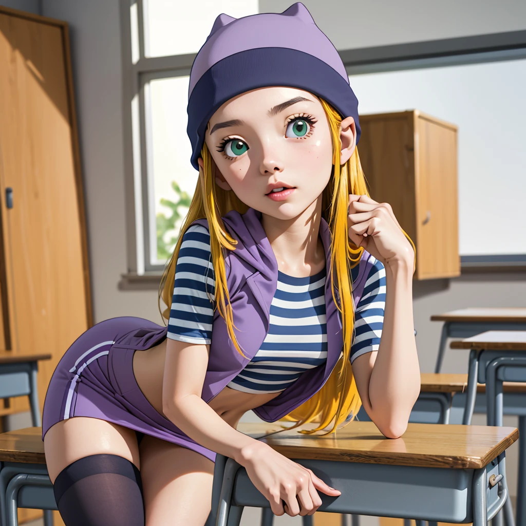 (masterpiece, best quality), 1girl, izumi Orimoto, indoors, classroom, green eyes, blonde hair, long hair, purple beanie, purple vest, purple miniskirt, blue white striped shirt, long purple socks, purple vest, striped shirt, navel shirt, medium size breast, lying on a teacher's desk