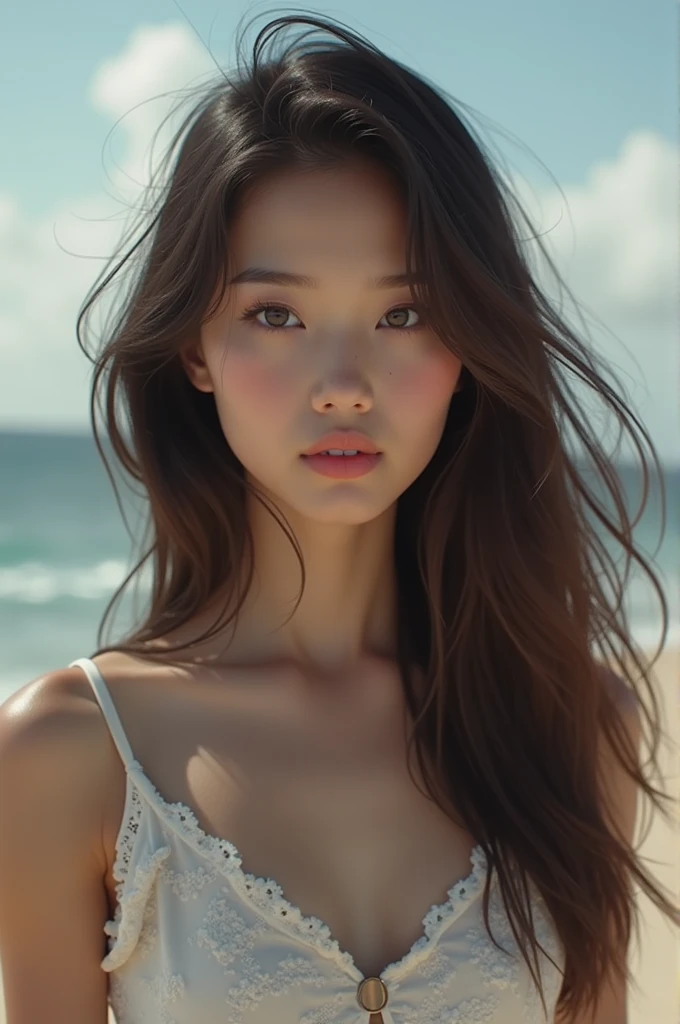 A young stunning Asian woman, laying topless in the sand, covering both breasts with her hands, wearing a bikini bottom.