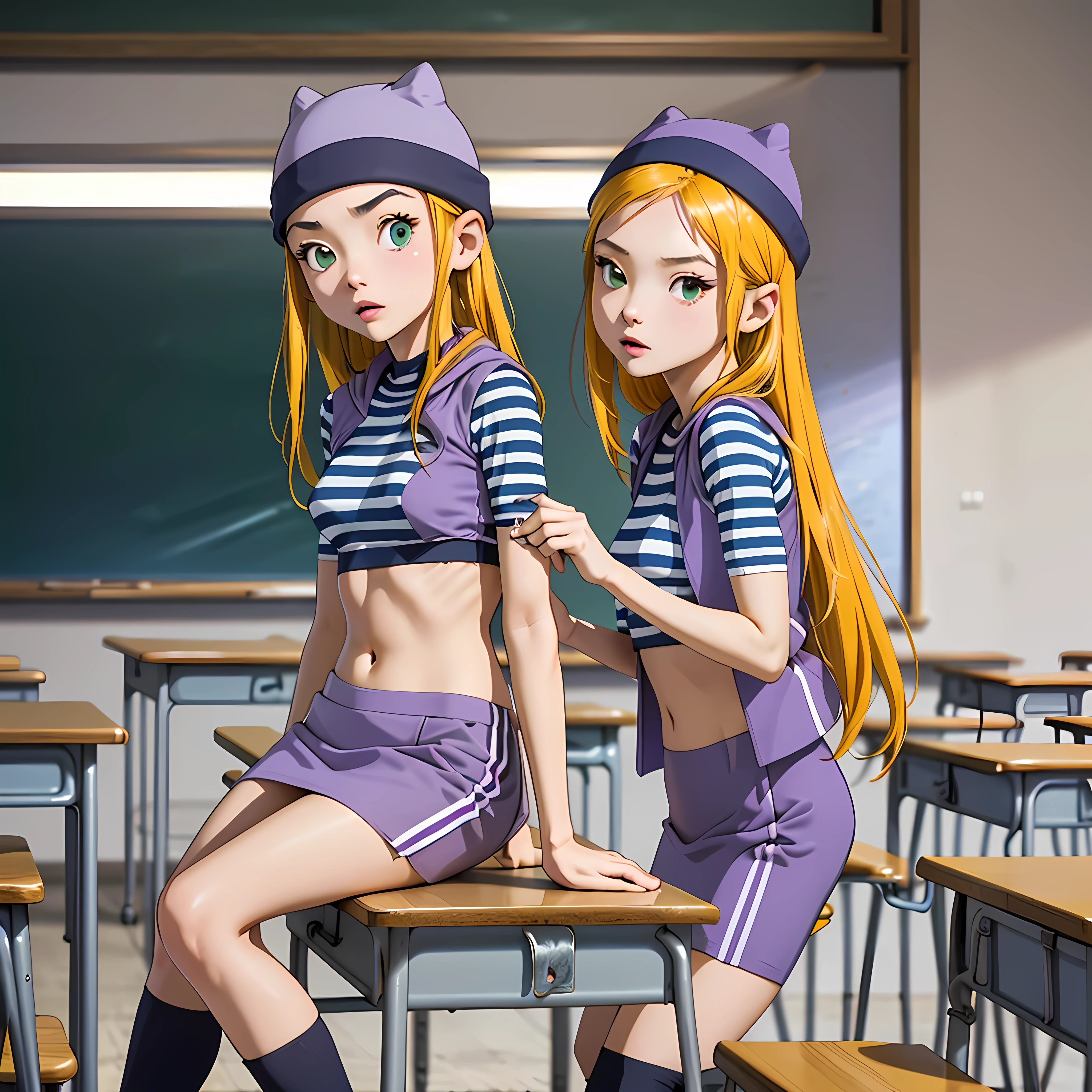 (masterpiece, best quality), 1girl, izumi Orimoto, indoors, classroom, green eyes, blonde hair, long hair, purple beanie, purple vest, purple miniskirt, blue white striped shirt, long purple socks, purple vest, striped shirt, navel shirt, medium size breast, lying on a teacher's desk