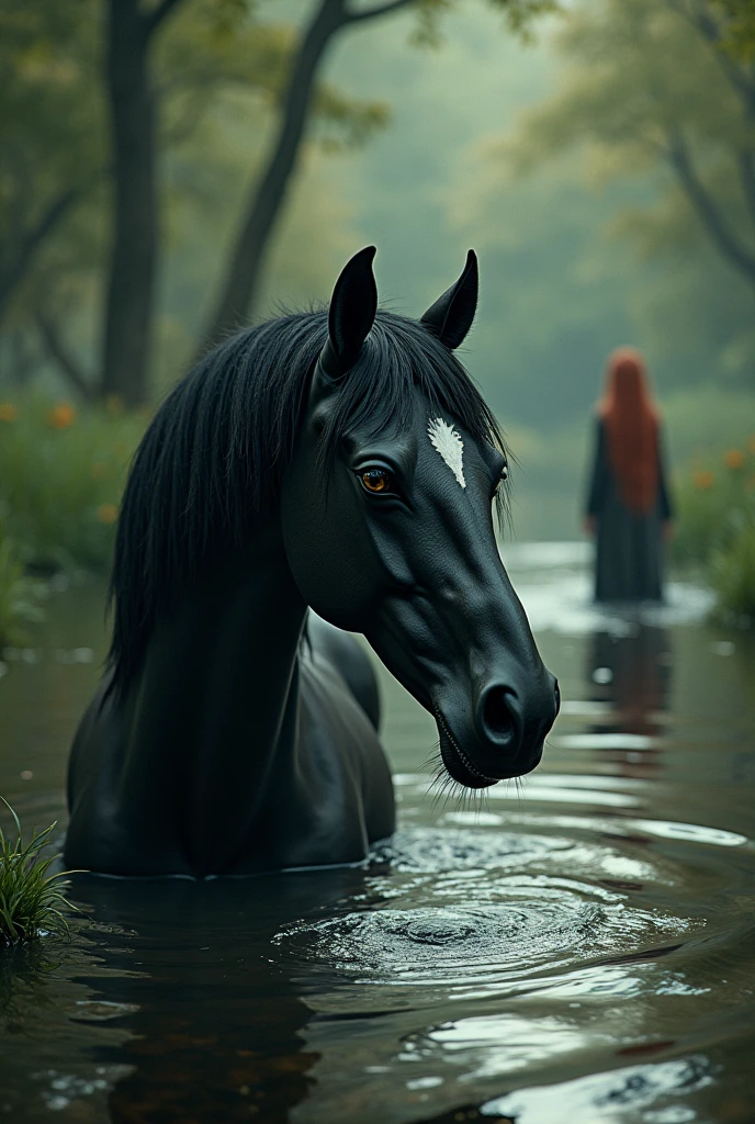 Silhouette of a female centaur walking on the surface of a lake、Footprints and ripples on the lake surface、Backlight、moonlight、fog、Fantastic landscape