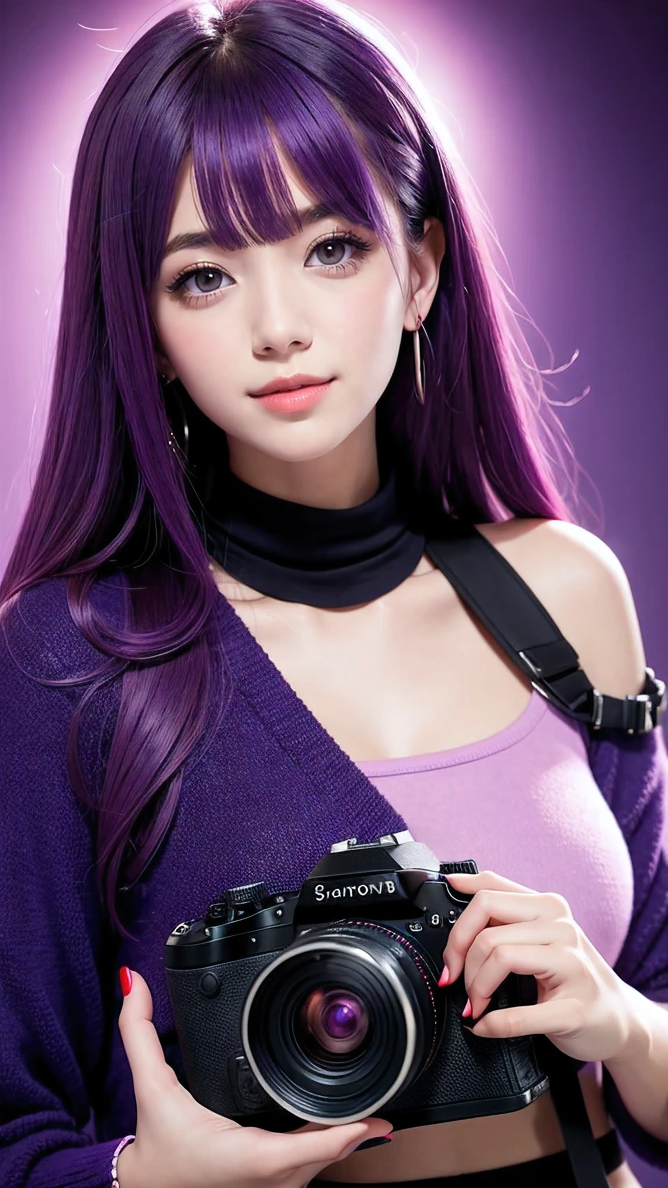 A woman holding a camera and pressing the shutter., I only see your face and the camera., smile,In double eyelids, Purple, red, blue color tone image , Anime style images