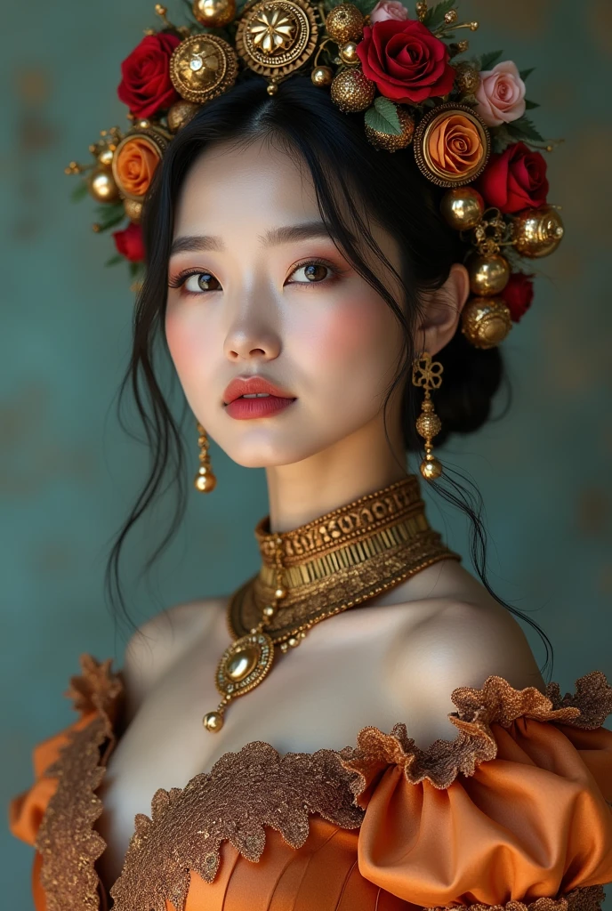 an award-winning portrait of A beautiful Asian Princess female country artist wearing a steampunk-inspired layered gown. She has clean makeup and is captured in vivid colors, embodying the essence of fantasy and a minimalist, fantastical, edgy, and regal-themed outfit, with a depth of field