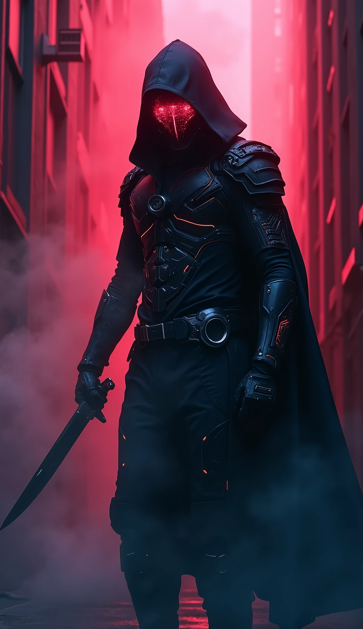 A hyper-realistic digital art of a cyber assassin, clad in sleek, futuristic armor with intricate glowing circuits. The assassin, holding a sharp dagger, is hidden in the shadows of a dimly lit, secretive alleyway, (Thick fog and swirling smoke envelop the assassin, obscuring their form, while a striking red backlight casts an ominous glow), creating a dramatic silhouette, The assassin’s face is partially concealed by a high-tech visor reflecting a neon-lit cityscape, The scene is intense and mysterious, with vibrant neon colors like electric blues, neon pinks, and fiery oranges cutting through the darkness, The atmosphere is a blend of tension and stealth, capturing the eerie, dangerous energy of a dystopian cyberpunk world,