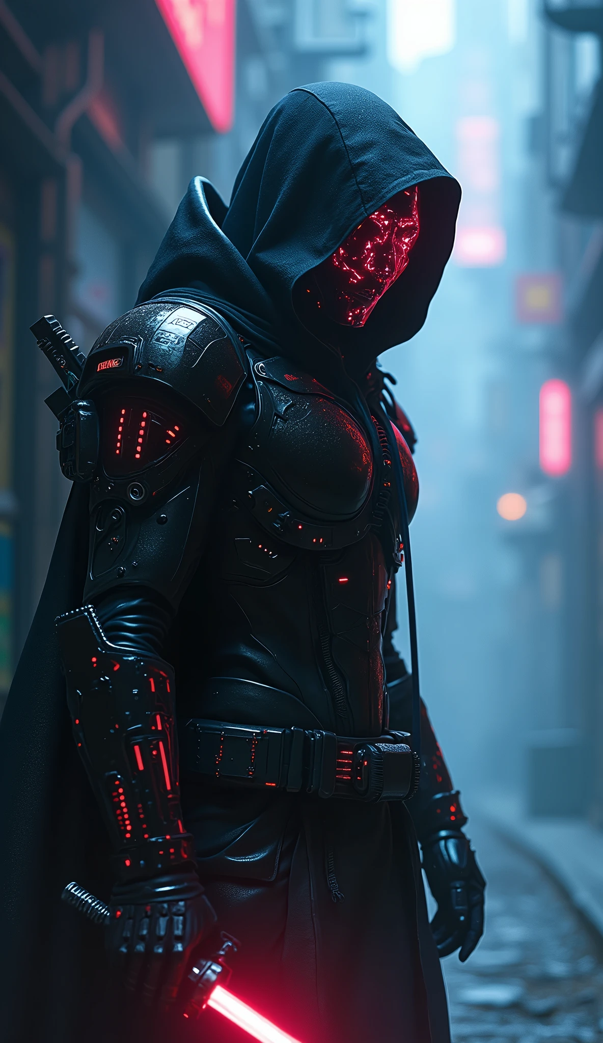 A hyper-realistic digital art of a cyber assassin, clad in sleek, futuristic armor with intricate glowing circuits, The assassin, holding a sharp dagger, hides in the shadows of a dimly lit, secretive alleyway, (The scene is enveloped in thick fog and swirling smoke), with subtle beams of light cutting through the darkness, The assassin’s face is partially concealed by a high-tech visor reflecting a neon-lit cityscape, The atmosphere is tense and mysterious, with vibrant neon colors like electric blues, neon pinks, and fiery oranges punctuating the gloom, The overall vibe is aggressive and stealthy, capturing the eerie, dangerous energy of a dystopian cyberpunk world,