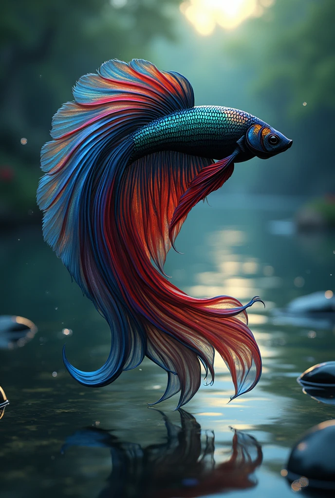 Betta fish
animal/fish, calm elegant character, has a long and beautiful tail.
Fish color: the basic color of the fish's body is black, some scales are red, some scales are blue, some scales are green, some scales are gold, some scales are purple, and on the tail there is also a little mixture of colors, and in each color on the scales and tail it looks bright by the effect of moonlight reflection.
Environment: underwater, in a clear river decorated with river currents, air bubbles, small stones