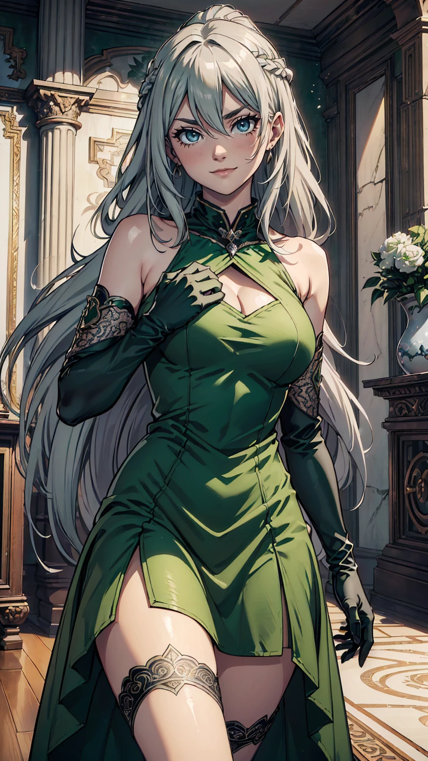 最high quality、Ultra High Definition, Ultra High Quality, Hyper Definition,  Extremely Detailed, Perfectly Detailed, Best image quality、masterpiece、woman((20-year-old、Small breast, super dynamic pose , Green solid eyes, Silver long Hair、Disheveled Hair、White Grey Hair、thin, Long Glove、Green Ball Dress,  She is smirking like a villain、 , Dressed in  Ball Dress)),high quality、Beautiful art、background((Inside the mansion))、Written boundary depth、 dynamic pose, movie、Visual Arts、8K,Genuine、