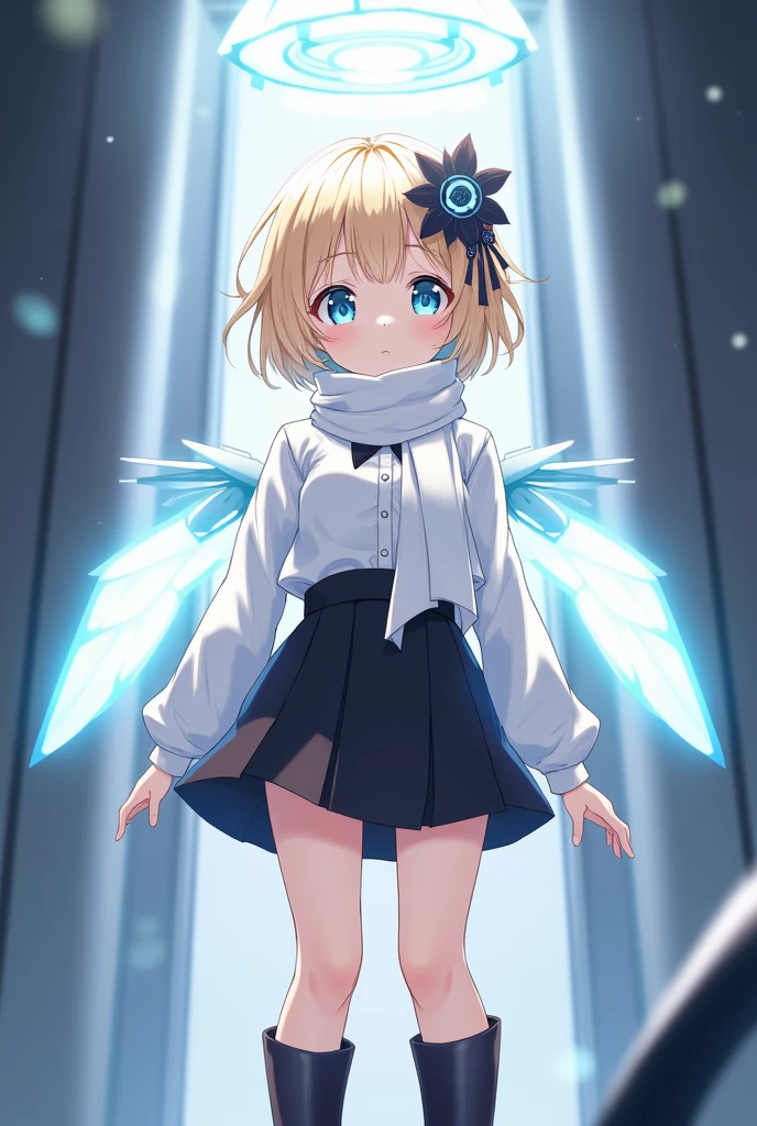 ((melhor qualidade)), ((obra de arte)), (detalhado), 1girl, solo, children, white skin, brown hair, green eyes, cirno wings, full body, white bandeau top, short hair, white skirt, evil smile, evil face, view belly, florest background