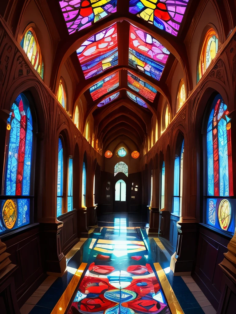 a close up of a walkway with a colorful glass roof, a mosaic by Louis Comfort Tiffany, flickr, art nouveau, stained glass!!, beautiful glass work, stained glass art, intricate stained glass, colorful glass wall, stained glass window!!!!!, magical colours and atmosphere, magical colors and atmosphere, backlit stained glass, beautiful stained glass window, stained glass, fairy tale place