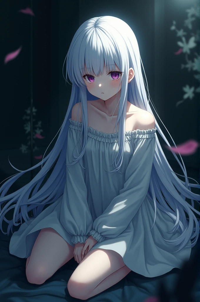 woman、Gray Hair、Long Hair、Blue Eyes、cute、beautiful girl、White dress、Sitting、Ankle-length underwear、Pull on your underwear、Cross Necklace、Transparency、beautiful、