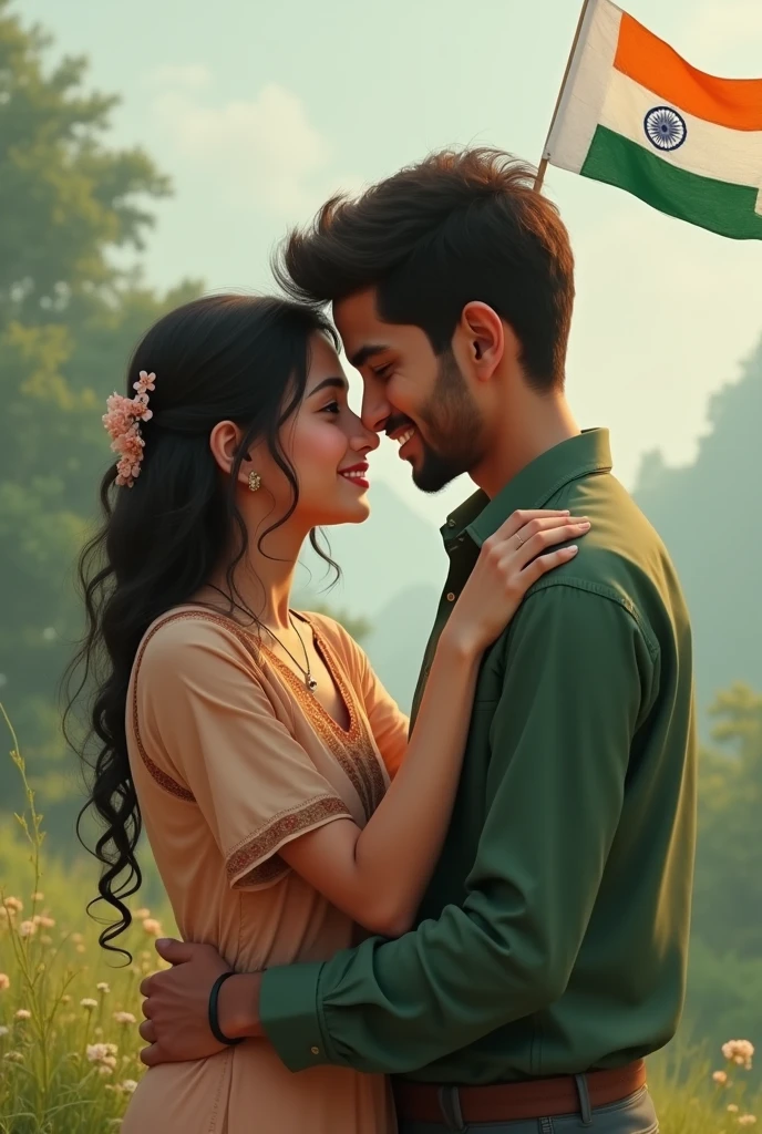 realistic indian 19 Year old cute boy lifting body and 15 year beutifull girl smile in chest to chest in Water with boy wearing black shirt on the river with sunday an water and a on girl wearing green lehenga with  swimming pool background , in shirt written name “Raghav" features, loveng mood, realistic