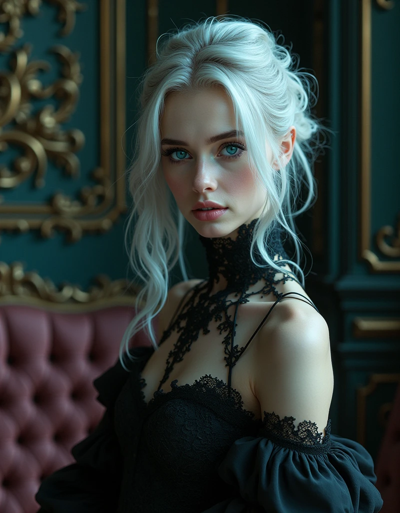 Beautiful girl with white skin, light gray hair, with bright shining eyes, Shiny skin, beautiful black manicure, Beautiful nails, pearl skin, In a black dress, beautifully detailed fingers, professional photo, 4K, a high resolution, high detail, realistic, looks straight, is sitting, Against the backdrop of St. Petersburg