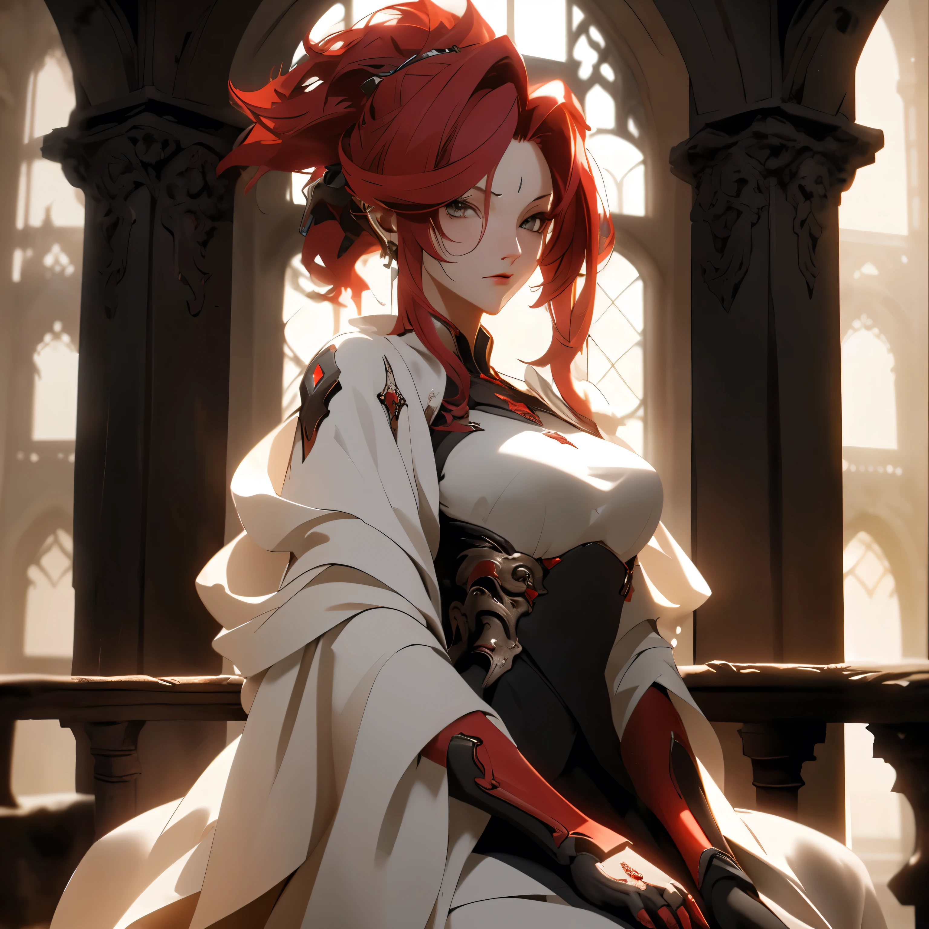 (best quality)), ((Masterpiece)), (details:1.4), 3d, HDR (high dynamic range), an image of a beautiful cyberpunk female, medieval, Hips up, Red hair, High ponytail, White eyes, จมูกโด่ง, ปากแดง, หน้าอกใหญ่, nvidia RTX, PBR surface, After processing, Anisotropic filtration,depth of field, Maximum clarity and clarity, multi-layered surface, Subsurface scattering, perfect proportions, 8K raw files, ultra detailed, Perfect proportions, volumetric lighting, soft lighting, Holy Paladin, Heavy Red Armor, glossy skin, chapel background, jewely, ต่างหู, นิ้วมือสมบูรณ์,