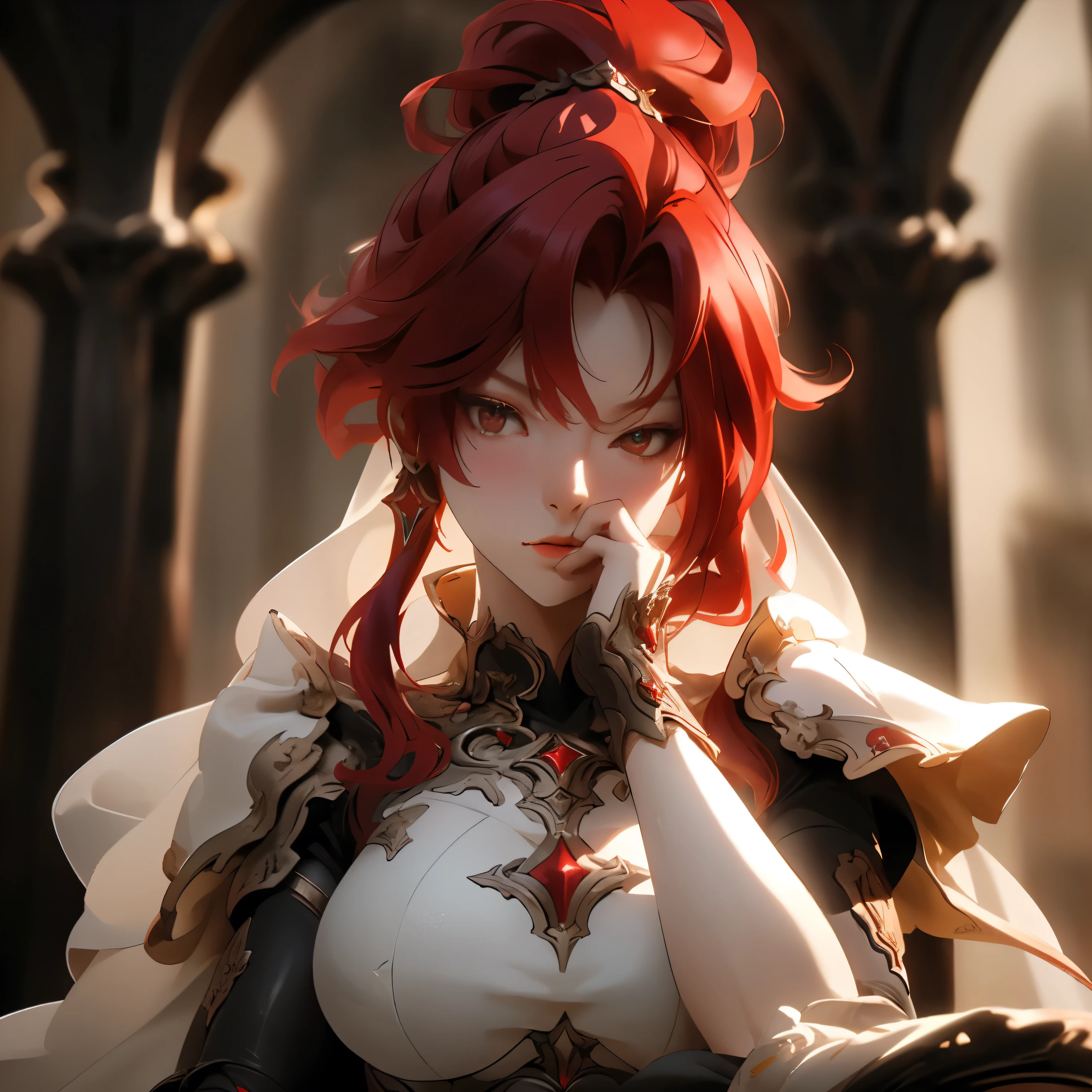 (best quality)), ((Masterpiece)), (details:1.4), 3d, HDR (high dynamic range), an image of a beautiful cyberpunk female, Red hair, High Ponytails, SLEEK Style, Red eyes, hips up, จมูกโด่ง, ปากแดง, หน้าอกใหญ่, nvidia RTX, PBR surface, After processing, Anisotropic filtration,depth of field, Maximum clarity and clarity, multi-layered surface, Subsurface scattering, perfect proportions, 8K raw files, ultra detailed, Perfect proportions, volumetric lighting, soft lighting, Holy Paladin, Heavy Armor, glossy skin, intricate silver embroidery, gorgeous, intricate grey background, strong back lighting, jewely, ต่างหู, นิ้วมือสมบูรณ์, กระโปรงสั้น