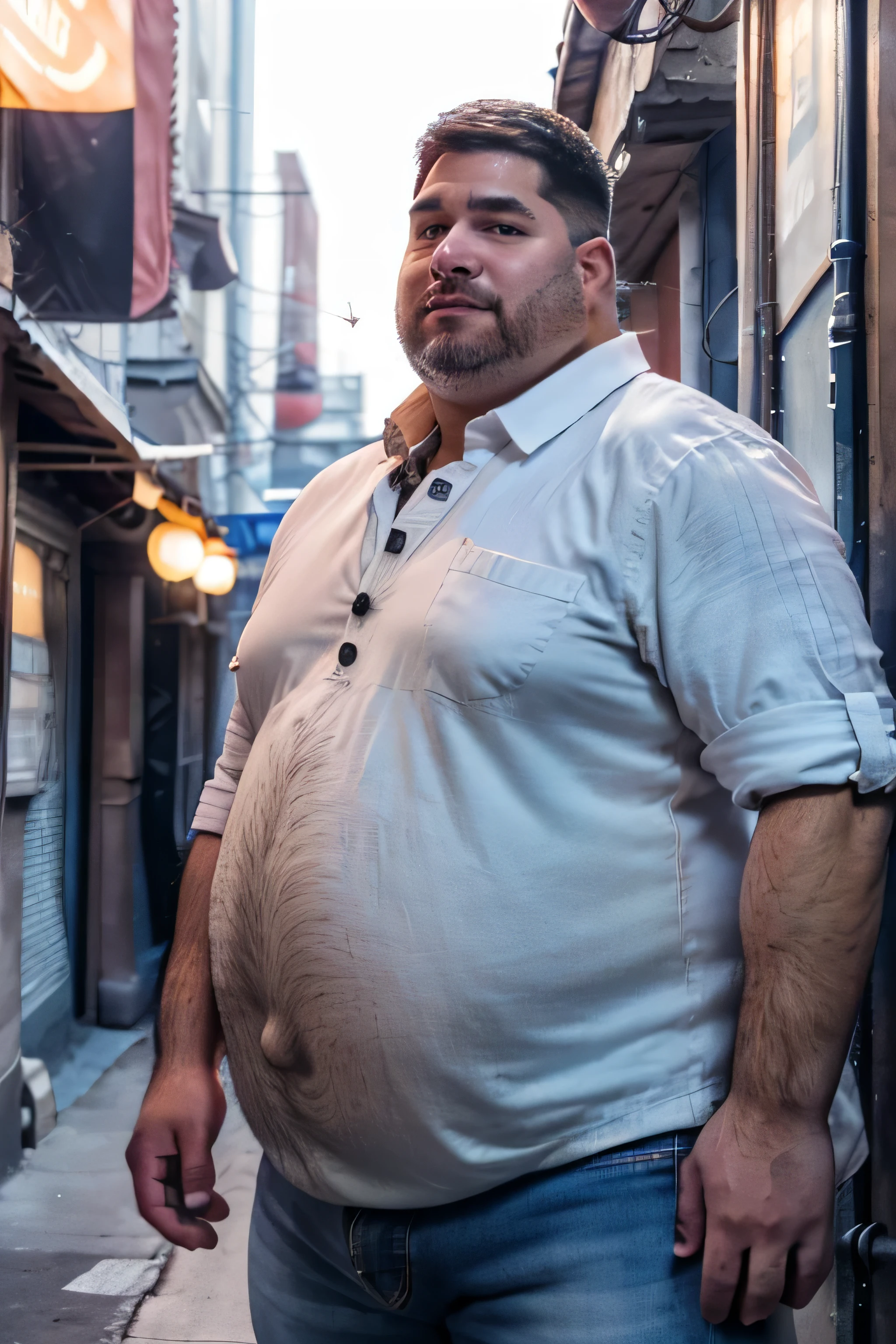 (8k. hyper-realistic. high definition) handsome chubby guy. Caucasian, scruffy face. fat, wearing dark denim jacket and jeans, orange buttoned shirt underneath, big tummy, buffed, muscles, chubby face, hairy arms, thick eyebrows, medium-length hair, editorial shot. dramatic lighting, looking intensely at the camera.1boy, arm hair, beard, black hair, blurry, blurry background, closed mouth, collared shirt, facial hair, fat, fat man, looking at viewer, male focus, pocket, realistic, shirt, short hair, sleeves rolled up, solo, upper body, chubby face, plump face, outdoors, dark alley alley