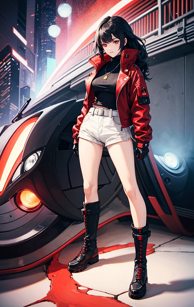 Create a cyberpunk-style costume for a heroine with blood powers, with not so striking colors, red colors, black, and whites, with shorts, a jacket, turtle neck, gloves, Heaters, and boots, with futuristic helmets