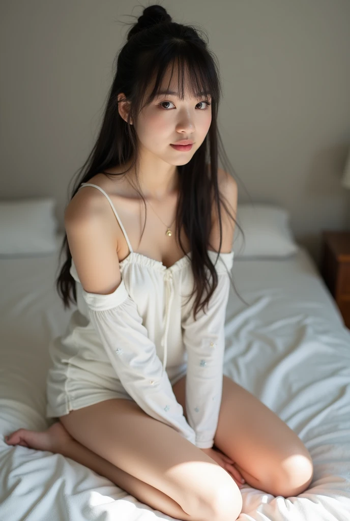 araffe woman in a white bra top and panties sitting on a bed, Yoshitomo Nara, preciosa modelo china, linda pose elegante, beautiful asian girl, japanese model, Young sensual gravure idol, asian girl, muchacha coreana, posando en un dormitorio, beautiful soft lighting, Realistic young gravure idol, chiho, chica sexy