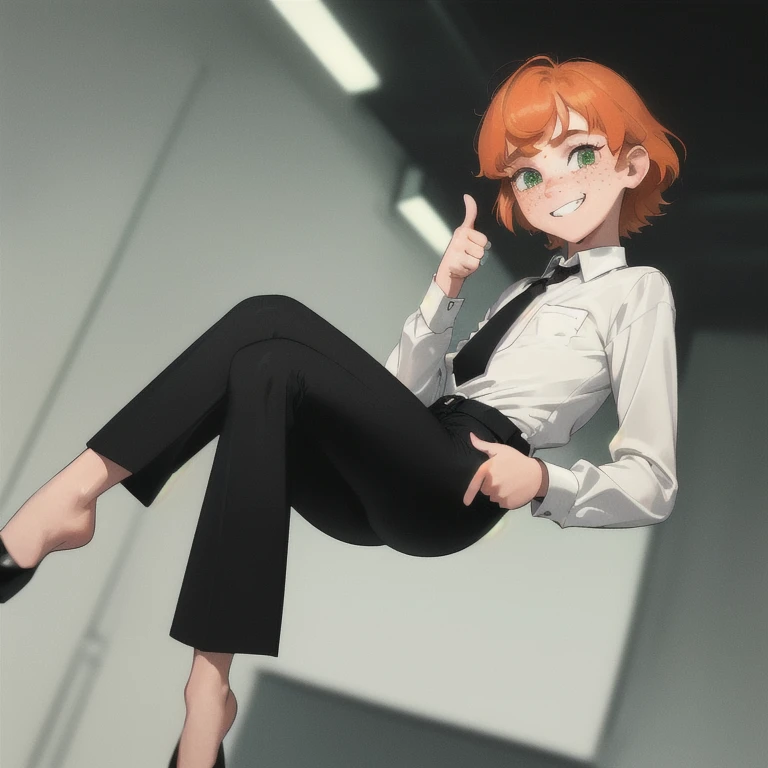 (((4K,masterpiece,best quality,ultra detailed,high resolution))),((long shot)),((solo)), green eyes, ((short body)), small teenager, (((flat chest))), short hair,  orange hair, dyed bangs, white dress shirt,long sleeves, (((high waist black pants))), braces, tie, ((Freckles)), white background, ((Thumb up)), (teeth grin), big ass, hall body view