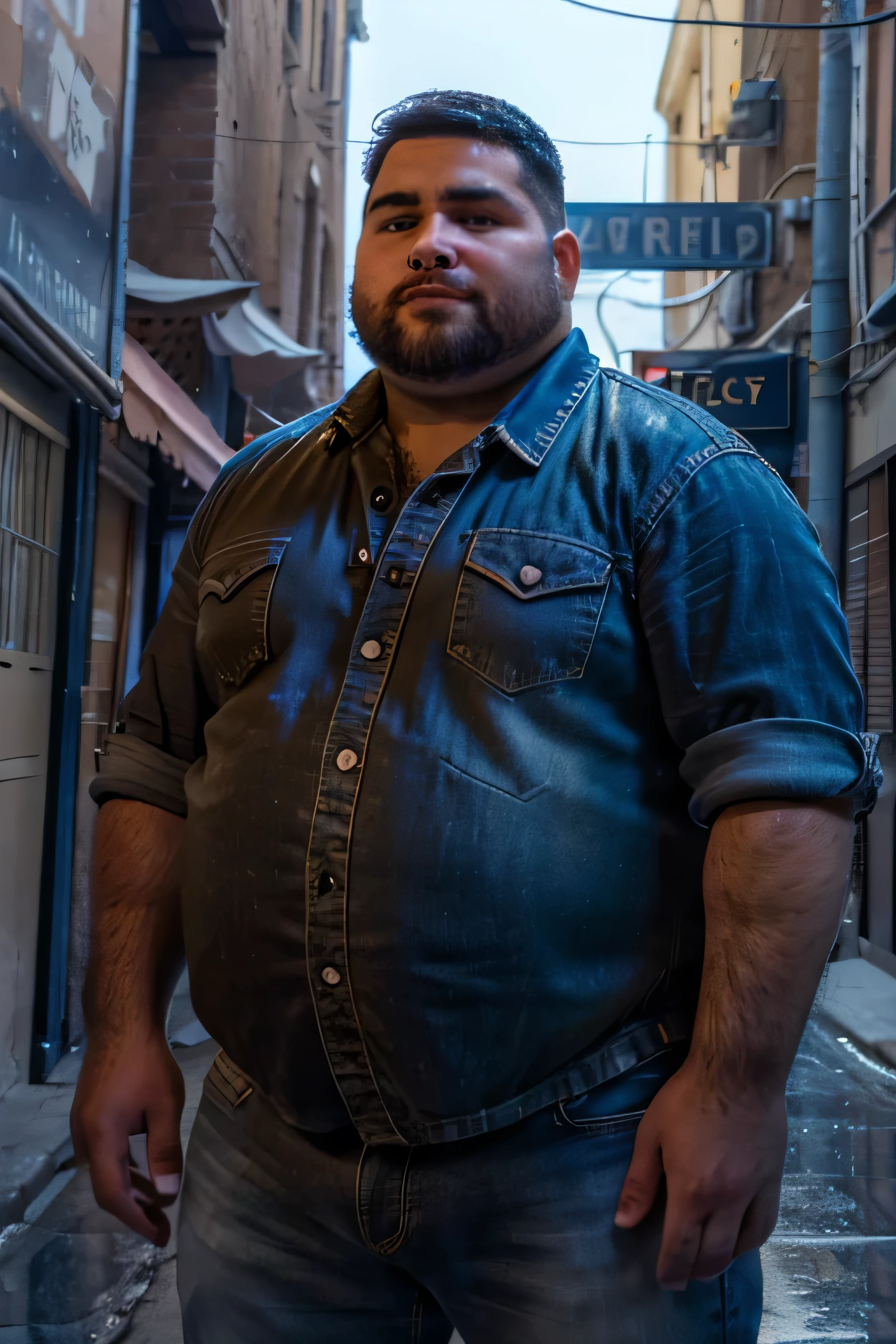 (8k. hyper-realistic. high definition) handsome chubby guy. Caucasian, scruffy face. fat, wearing dark denim jacket and jeans, orange buttoned shirt underneath, big tummy, buffed, muscles, chubby face, hairy arms, thick eyebrows, medium-length hair, editorial shot. dramatic lighting, looking intensely at the camera.1boy, arm hair, beard, black hair, blurry, blurry background, closed mouth, collared shirt, facial hair, fat, fat man, looking at viewer, male focus, pocket, realistic, shirt, short hair, sleeves rolled up, solo, upper body, chubby face, plump face, outdoors, dark alley alley, evening. heavy rainfall.