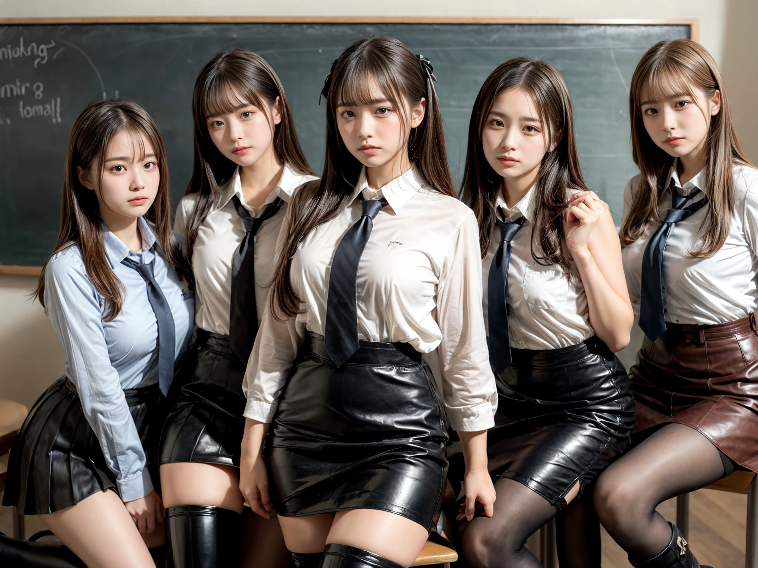 Three 20-year-old girls,wears glasses, blond hairbl, white shirt, Deep V-neckline, empty classroom, BDSM, Slaves, busty figure, black undersuit, black pantyhoses, Big emphasis, big butt emphasis, Bare breasts, sits at a table, Exposed ass, high-heels, finely-detailed eyes, skinny pants, Kissing each other, lesbian, 8k high res