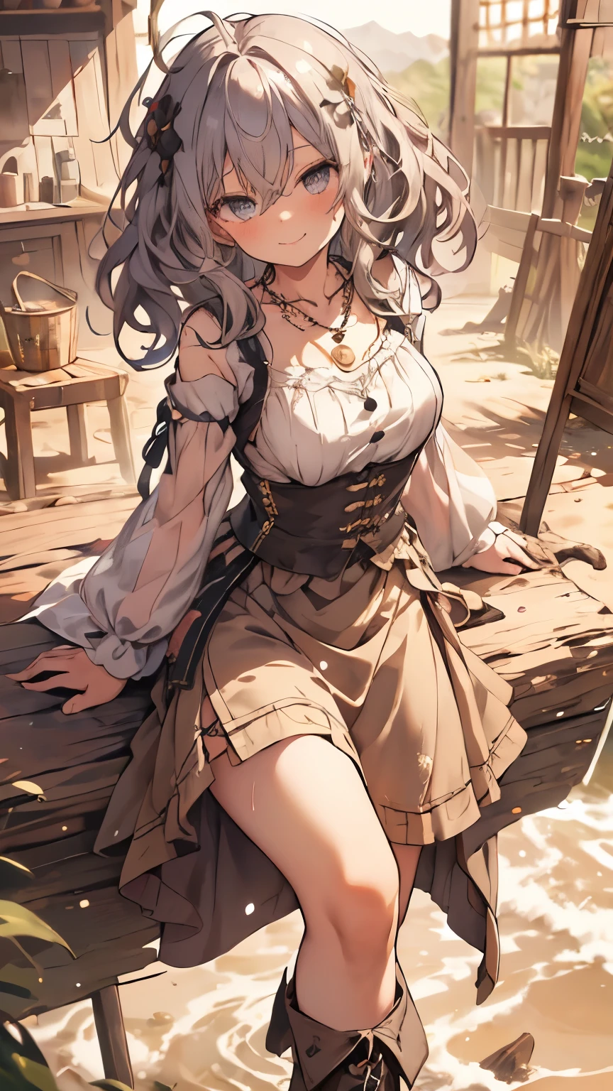 masterpiece, 1 girl, sparrow, a silver haired girl, wearing a medieval villager clothes, curly medium hair, messy hair, slim body, he close her left eye, shirt ornament, ruby eyes, ahoge, , long sleeves, beautiful eyes, boots, droopy eyes, her age is 19, azusa_bluearchive, seductive face, medium hair, seductive smile, curly hair, MongolPunkAI, medium breasts, view from right down, she tease you, lend a hand to you, she very close to you, smug smile, rainbow_one, farmer clothes, long leaf skirt, crocth tattoo, necklace, erotic smile, kitchen