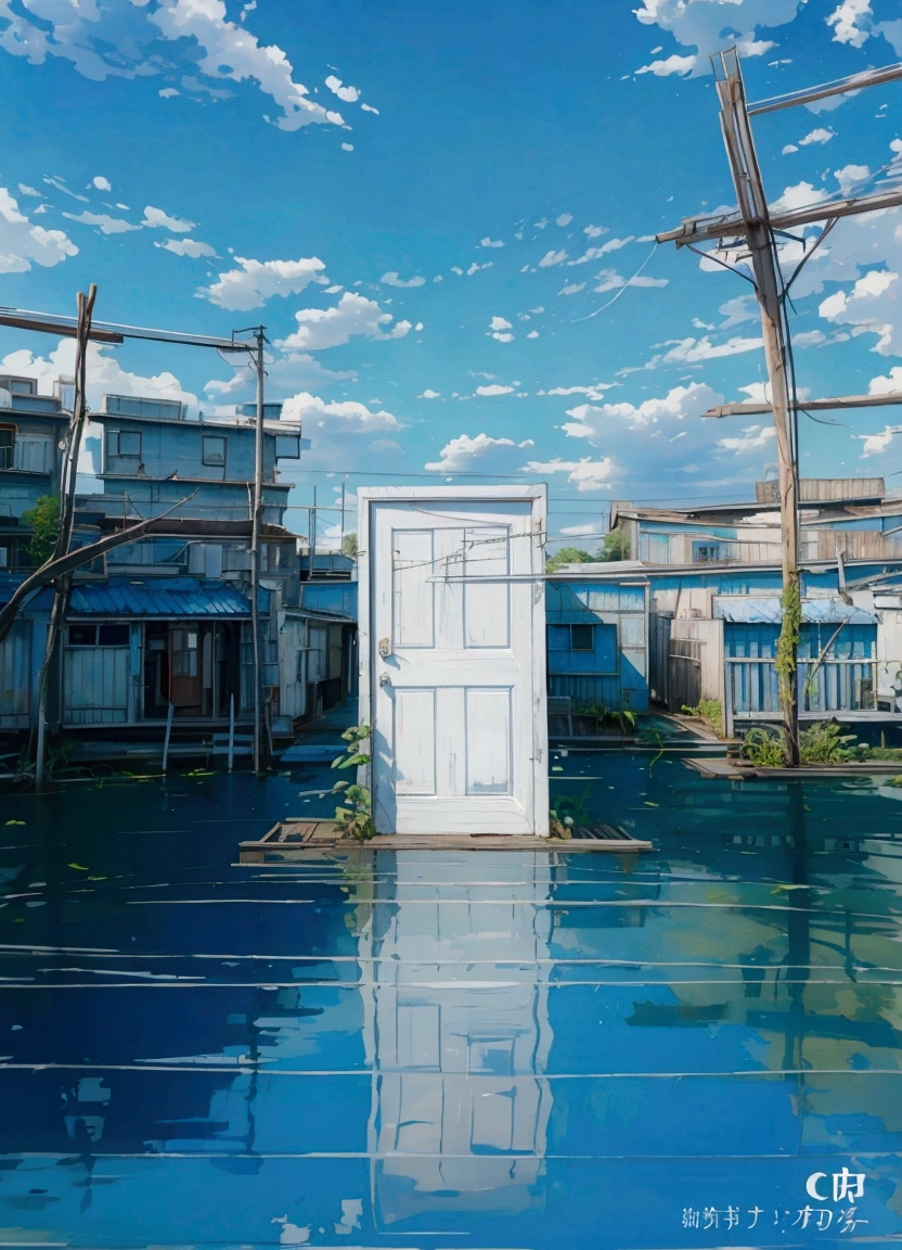 Floating in tranquil blue water, A weathered white door stands isolated against a vibrant backdrop, Clear sky dotted with fluffy clouds. The tranquil scene reflects the shadow of the door and the surrounding urban environment, The buildings and structures almost look abandoned.. Natural light enhances tranquility, Contemplative atmosphere, Creates a surreal fusion of reality and imagination. Reflections and still water capture a moment of tranquility in a world full of activity.