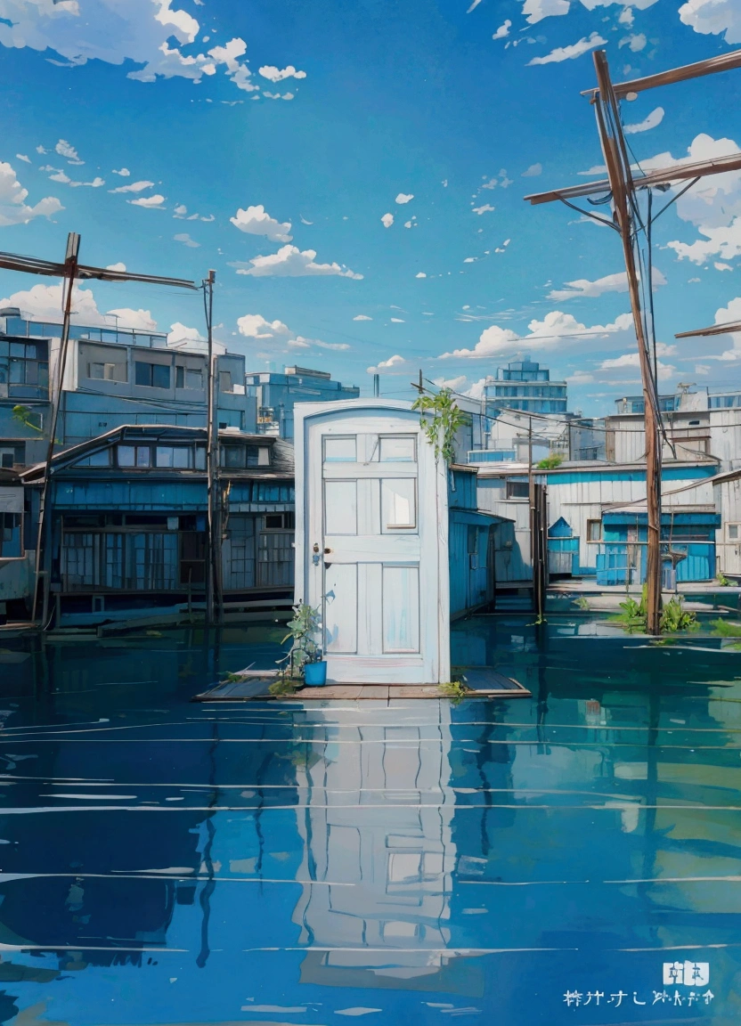 Floating in tranquil blue water, A weathered white door stands isolated against a vibrant backdrop, Clear sky dotted with fluffy clouds. The tranquil scene reflects the shadow of the door and the surrounding urban environment, The buildings and structures almost look abandoned.. Natural light enhances tranquility, Contemplative atmosphere, Creates a surreal fusion of reality and imagination. Reflections and still water capture a moment of tranquility in a world full of activity.