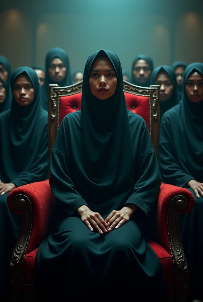 Compose a striking and cinematic photograph featuring a beautiful Malay woman in pink hijab, naked seated on a throne as the leader of a mafia gang, surrounded by her loyal male followers. Use dramatic and moody lighting techniques to create a compelling atmosphere that highlights the intensity and power dynamic within the group. Pay special attention to the woman's confident and enigmatic expression as she commands the respect and allegiance of her followers. Capture the essence of their unity and authority, evoking a sense of intrigue and strength that defines their presence in the underworld."