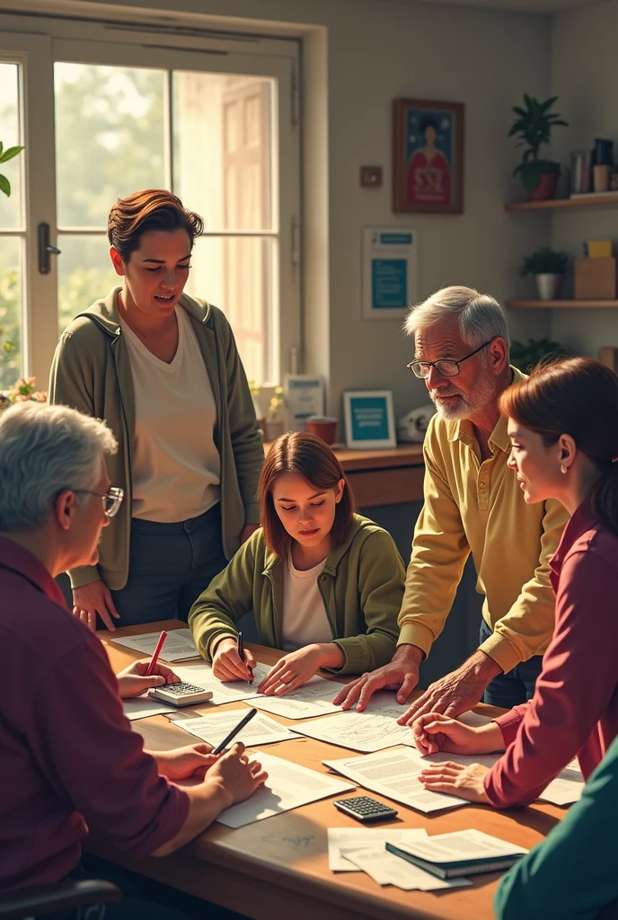 "A family gathered around a table, discussing and planning your monthly budget with the help of spreadsheets and personal finance apps."
