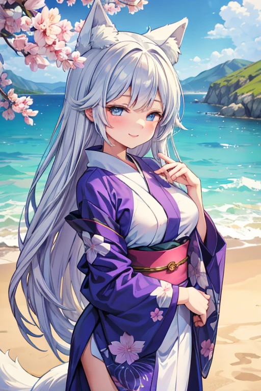 best quality, masterpiece, highres, solo, {yukata:1.40}, {kimono:1.20}, {miyako_bluearchive:1.15}, long_hair, halo, purple_eyes, white_hair, bangs, bow, blush, hair_bow, ponytail, swimsuit, one-piece_swimsuit, breasts, grey_hair