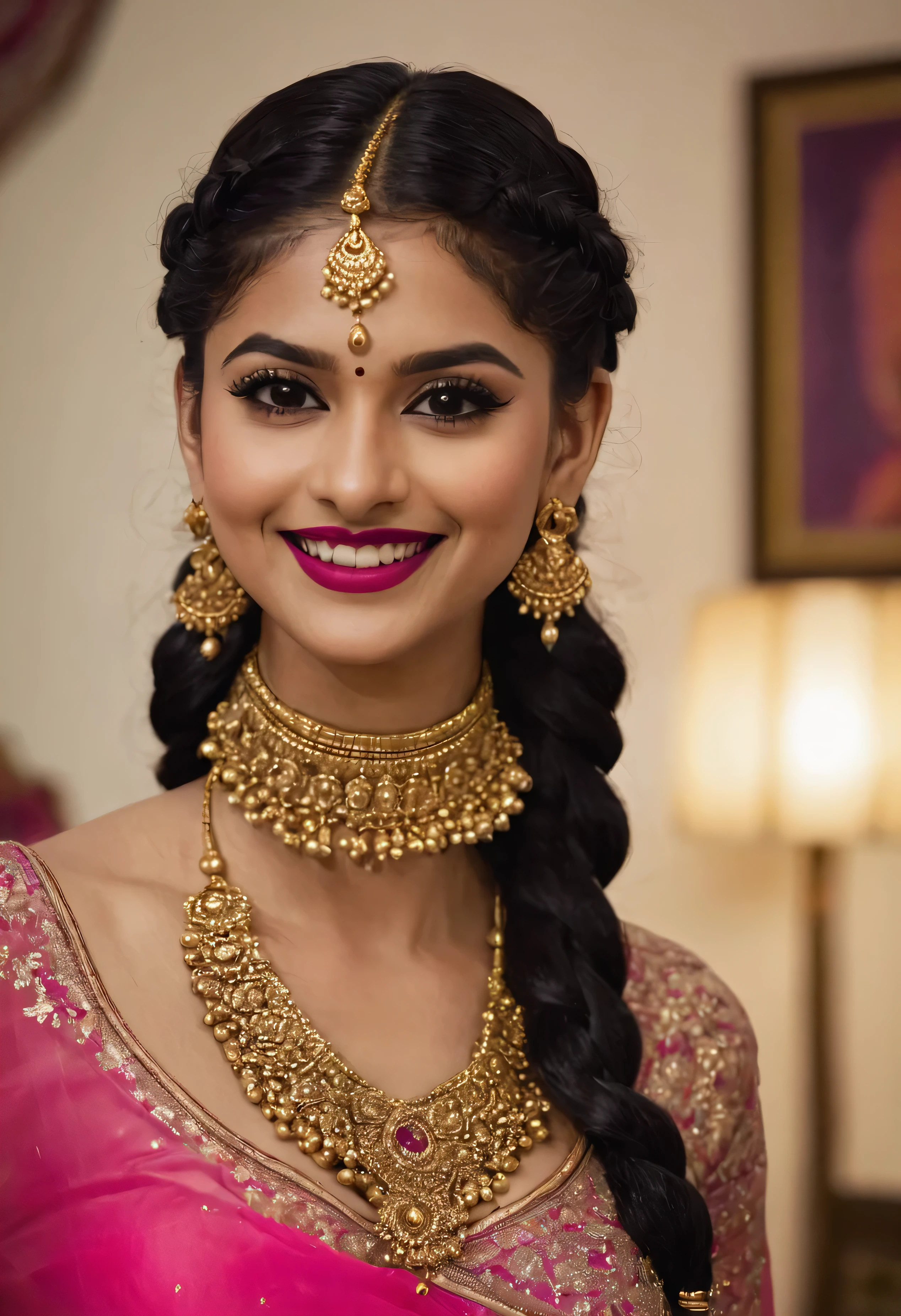 The image depicts a young woman in a traditional Indian attire, likely a black lehenga, which is a type of skirt.she is showing her hot navel,navel hole is big. The outfit is Red with gold detailing, red bindi on her forehead,and she has paired it with large, dangling earrings and a choker-style necklace. Her hair is styled in a braid, and she is wearing makeup that includes dark eyeliner and pink lipstick. She is smiling and appears to be posing for the photo. The background suggests an indoor setting, possibly a bedroom, indicated by the presence of a bed and a mirror reflecting her image. The lighting seems to be artificial, coming from a source outside the frame.,Extremely Realistic,
