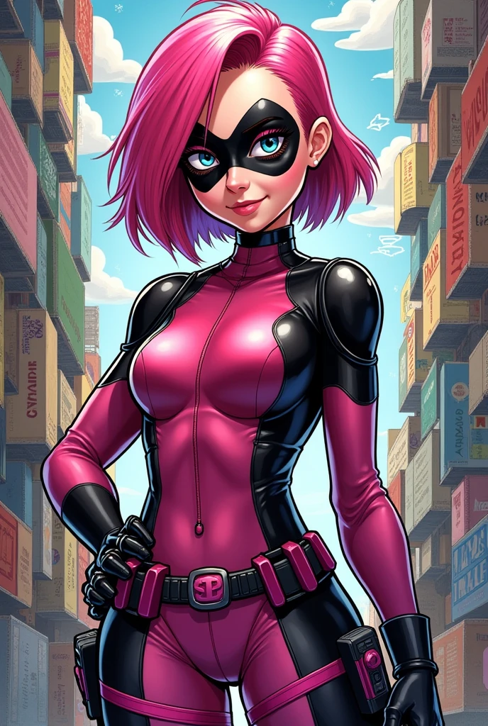 <lora:erinEsurance_v1:0.8>, masterpiece, high quality, (high resolution:1.21), (detailed illustration), (Erin Esurance), confident smirk, pretty face, short pink hair, green eyes, (wide hips), [small breasts], open matte black black catsuit, high heel boots, pink cuffs, action pose, rooftop, (2d), <lora:krekkov_e8:0.5>, <lora:animeCharacterDesignICS_icsAnythingV3Lora:0.5>, <lora:mikapikazoLora302_mikapikazoLora302:0.4>